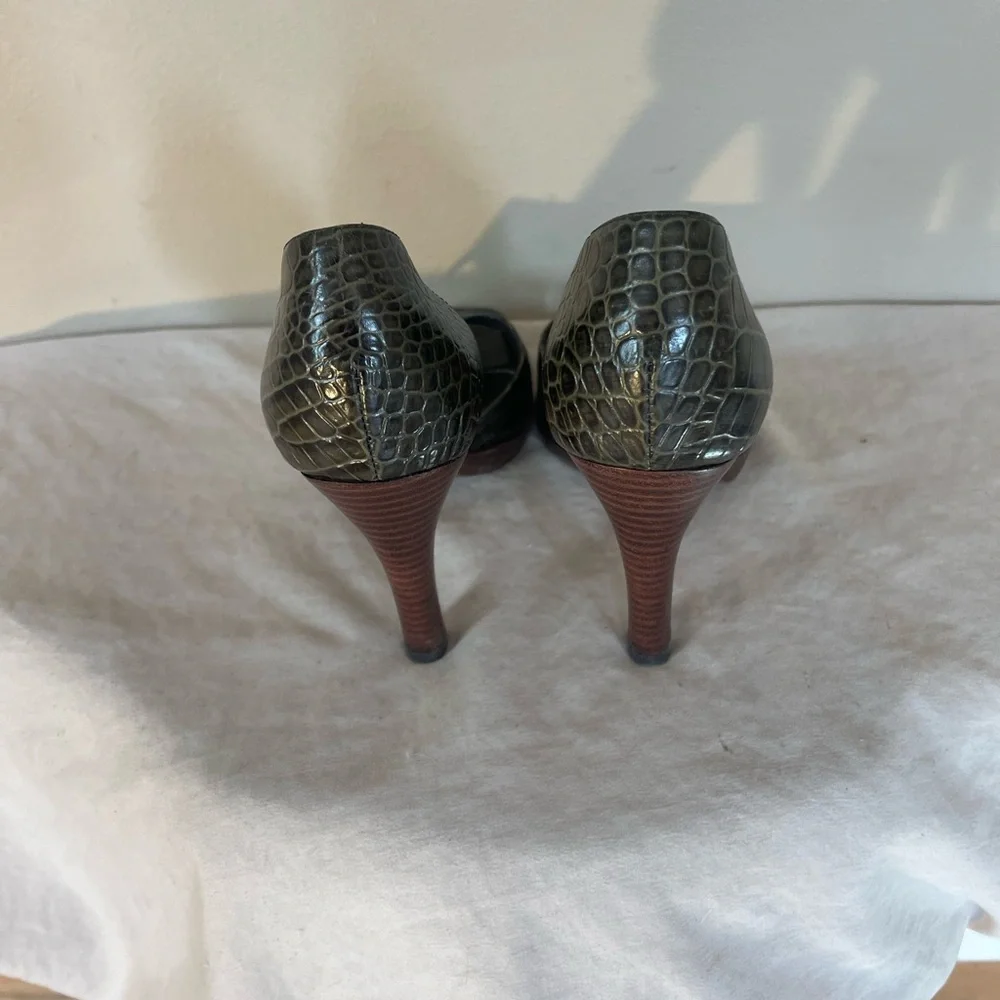 Ralph Lauren Leather Crocodile Pattern Heels Callia Peep Toe Pumps Shoes 7 B - Picture 8 of 9